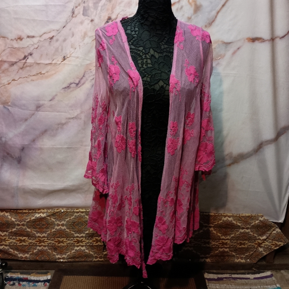 Sheer Floral Embroidered Kimono - Pink